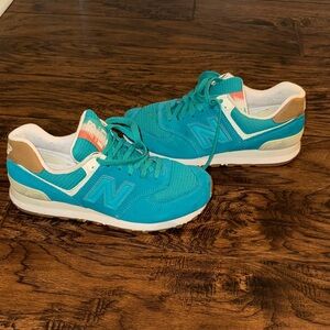New Balance 574 Teal and Tan Sneakers